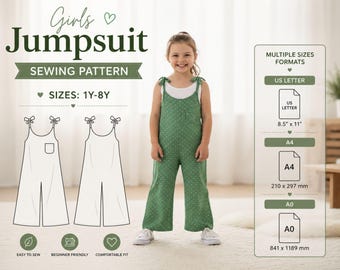 Girls Jumpsuit Pattern PDF, Tie Shoulder Overalls 1Y-8Y, Kids Wide Leg Romper