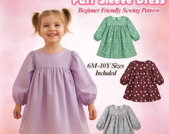 Puff Sleeve Dress Sewing Pattern, Girls High Waist Dress (PDF Download 6M–10Y)