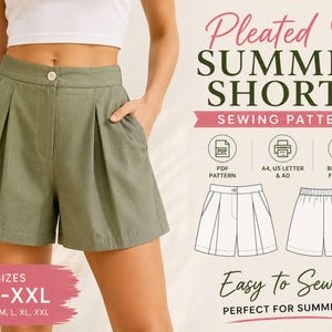 Könnte beinhalten: Olivgrüne Falten-Shorts mit Knopfverschluss und Seitentaschen. Der Text lautet Pleated SUMMER SHORTS SEWING PATTERN, PDF PATTERN, A4, US LETTER & A0, BEGINNER FRIENDLY, SIZES XS-XXL, XS, S, M, L, XL, XXL, Easy to Sew, PERFECT FOR SUMMER.