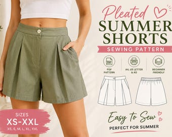Patrón de costura en PDF para shorts de verano plisados, shorts de mujer con bolsillos, tallas XS–XXL, ideal para principiantes.
