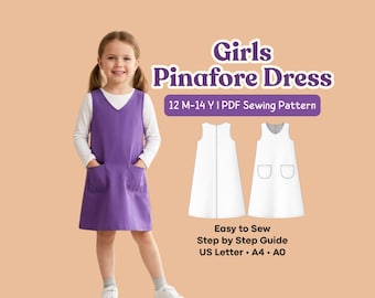 Patrón de costura para vestido de niña con peto y bolsillos delanteros, tallas 12M-14Y (descarga digital)