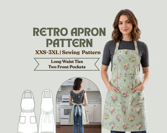 Retro Apron Sewing Pattern, Back Tie Kitchen Apron with Pockets XXS-3XL (Digital Download)