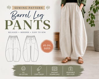 Barrel Leg Pants Sewing Pattern PDF, Elastic Waist Trousers, Women's Relaxed Pants XS-2XL