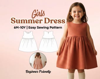 Patrón de costura en PDF para vestido de verano de niña, conjunto fluido sin mangas de 6 meses a 10 años, vestido de verano hecho a mano para niña pequeña
