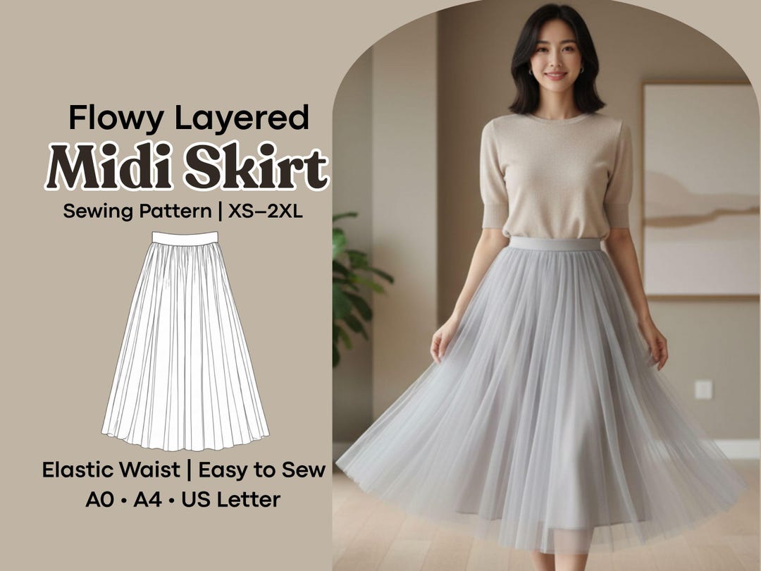 Flowy Layered Midi Skirt Sewing Pattern, Tulle High Waisted Evening ...