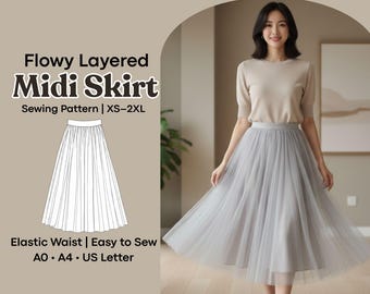 Patrón de costura para falda midi fluida con capas, falda de noche de tul de talle alto en PDF, descarga digital