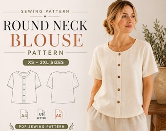 Round Neck Blouse Pattern, Button Front Shirt Sewing Pattern, Women's Linen Top, XS-2XL