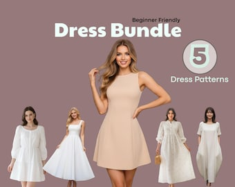 Paquete de patrones de costura en PDF para vestidos, 5 patrones para vestidos de mujer, minivestidos, vestidos midi y vestidos maxi.