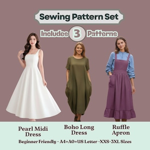 Puede incluir: Un conjunto de patrones de costura con tres patrones de vestidos: un vestido Pearl Midi blanco, un vestido Boho Long verde oliva y un delantal Ruffle morado. El texto indica que los patrones son aptos para principiantes y están disponibles en tallas XXS-3XL.