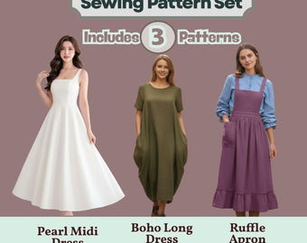 Dress & Apron Sewing Pattern Set PDF: 3 Beginner Friendly Sewing Patterns, XXS-3XL, Instant Download