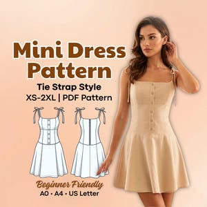 Könnte beinhalten: Ein digitales Schnittmuster für ein Minikleid mit Bindeträgern, inklusive Text Mini Dress Pattern, Tie Strap Style, XS-2XL, PDF Pattern, Beginner Friendly, A0, A4, US Letter sowie einer technischen Zeichnung des Kleiderdesigns.