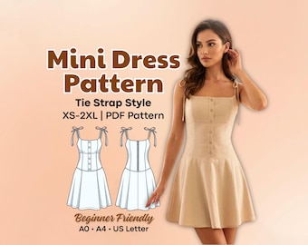 Patrón de costura en PDF para minivestido, vestido de verano con tirantes anudados, tallas XS-2XL (descarga digital)