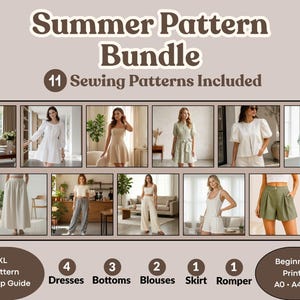 Op de afbeelding: Een digitaal naaipatroonpakket genaamd Summer Pattern Bundle met 11 naaipatronen inbegrepen. De afbeelding toont 11 verschillende kledingstukken, waaronder jurken, rokken, blouses, broeken en een romper, in maten XS-2XL als printbare PDF-bestanden.