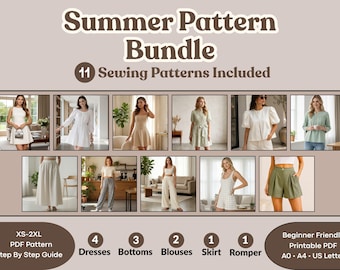 Summer Pattern Bundle PDF, Beginner Friendly 11 Women's Sewing Patterns XS-2XL (Digital Download)