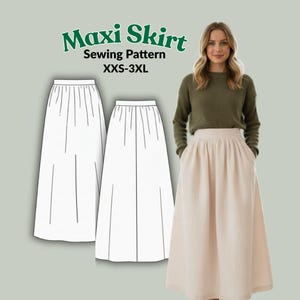 Op de afbeelding: Een vrouw draagt een lichtbeige maxi rok met zakken en een groene trui. De afbeelding toont ook een naaipatroon voor een maxi rok, met de tekst "Maxi Skirt Sewing Pattern XXS-3XL" in het groen.