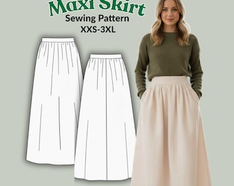 Maxi Skirt Sewing Pattern PDF: Elastic Waist, Pockets (XXS-3XL Digital Download)