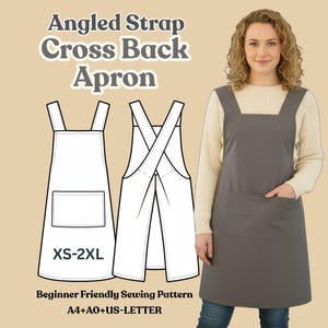 May include: A gray apron with angled straps and a cross-back design. The apron has a large front pocket and is modeled on a person. The text "Angled Strap Cross Back Apron" is at the top, and "XS-2XL" is at the bottom.