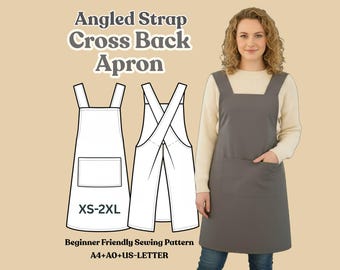 Angled Strap Cross Back Apron Sewing Pattern, Japanese Apron PDF XS–2XL, Instant Download