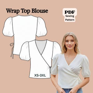 Puede incluir: Una blusa cruzada blanca con mangas cortas abullonadas y cuello en V. La imagen incluye un dibujo lineal de la blusa y el texto "Wrap Top Blouse" y "XS-3XL". También hay una etiqueta "PDF Sewing Pattern".