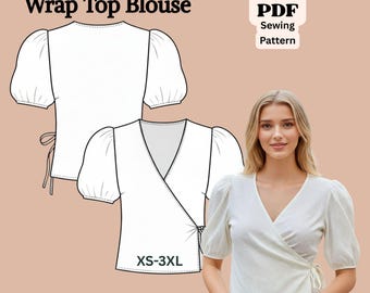 Puffed Sleeve Wrap Top Blouse Sewing Pattern: XXS-3XL (PDF Download)