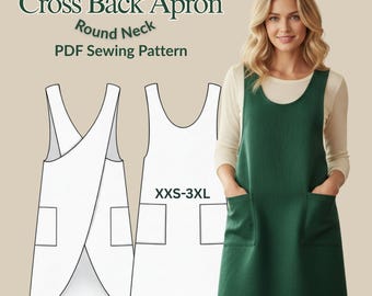 Round Neck Cross Back Apron Sewing Pattern | Japanese Style, XXS-3XL (PDF Download)