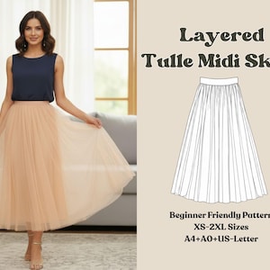 May include: A woman wearing a navy blue top and a layered, peach-colored tulle midi skirt. The image includes a line drawing of the skirt and text that reads "Layered Tulle Midi Skirt" and "Beginner Friendly Pattern XS-2XL Sizes A4+AO+US-Letter."