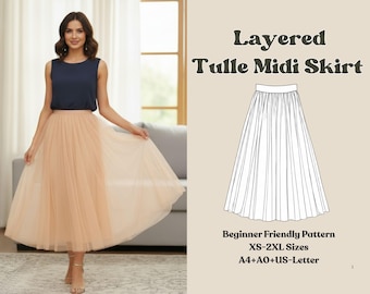 Layered Tulle Midi Skirt Sewing Pattern | Beginner Friendly, Sizes XS-2XL (Digital Download)