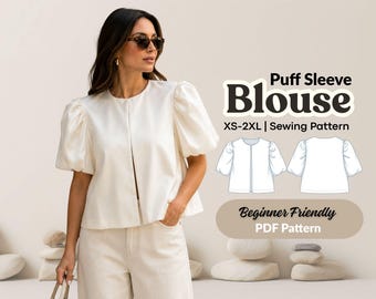 Patrón de costura para blusa de manga abullonada. Blusa de cuello redondo para mujer, tallas XS-2XL, corte holgado.