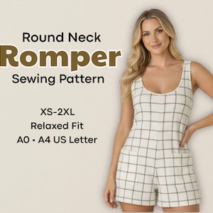 May include: A woman in a white and brown checked romper with a round neckline. The image features text: "Round Neck Romper Sewing Pattern" and sizing details: XS-2XL, Relaxed Fit, AO • A4 US Letter.