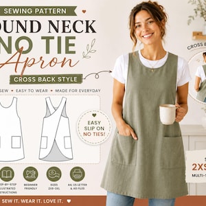 Round Neck No Tie Apron Sewing Pattern, Cross Back Apron PDF, Japanese Pinafore (XXS-3XL)