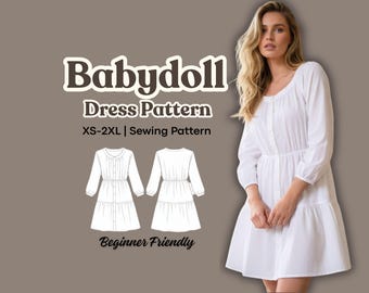 Patrón de costura para vestido babydoll de cuello redondo, minivestido de verano con mangas abullonadas y botones delanteros, tallas XS-2XL