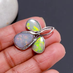 925 Sterling Silver Australian Opal Pendant: Multi-Play Color, Fancy Shape Solid Opal (3 Pieces Pendant)