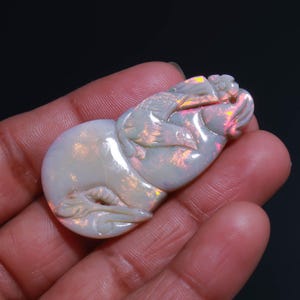 47x24mm Hand Carved Australian Opal For Pendant, Fancy Shape Red Flash, Both-Sided Carving, 44 Carat Gemstone