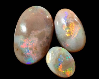 3 Pieces Australian Opal Oval Shape Cabochons, Multi Flash Handmade Opal, Natural Australian Opal Gemstone.