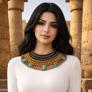 Egyptian  Beaded Cleopatra Necklace Collar With 9 Scarabs.
