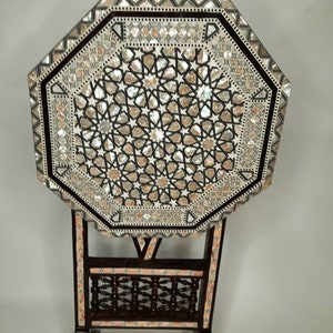 Coffee table.Handmade Furniture 16&quot;  End Tables Egyptian Mother of Pearl Inlaid Table, Top of table folds down for space saving display .
