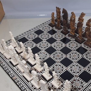 Antique Handmade Chess Board Inlaid Shell 12&quot; Egyptian Chess Board.