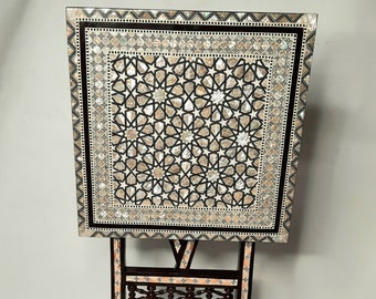 Unique 16" Coffee & End Tables Egyptian Mother of Pearl Inlaid Table, Top of table folds down for space saving display . handmade Table .