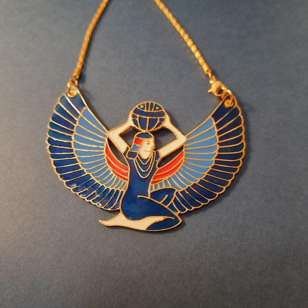 handmade jewelry. halloween necklace .Egyptian Large Brass Blue Enameled Winged Isis Necklace.