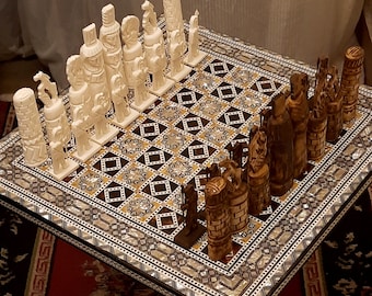 Egyptian  Chess Table Inlaid Shell .& Camel Bone Chess .Pieces mother of pearl table.