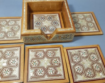 coasters .resin coasters.Wooden Coaster Set.Wonderful Egyptian Handcrafted Mother of Pearl Inlaid 4 *4"  /Home Decor/Handmade Gifts