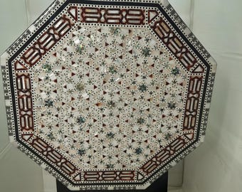 Coffee table.Handmade Furniture 16" End Tables Egyptian Mother of Pearl Inlaid Table, Top of table folds down for space saving display .