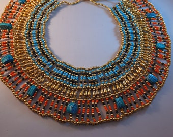 Egypt Necklace .handmade jewelry. party . necklace .Huge Ancient Egyptian Beaded Cleopatra 9 Scarabs Necklace Collar.