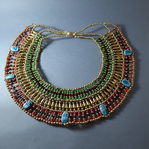 Large amazing Egyptian Beaded Cleopatra Necklace Collar With 9 Scarabs.