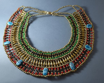 Large amazing Egyptian Beaded Cleopatra Necklace Collar With 9 Scarabs.