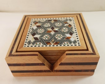 coasters .resin coasters.Wooden Coaster Set.Wonderful Egyptian Handcrafted Mother of Pearl Inlaid 4 *4"  /Home Decor/Handmade Gifts