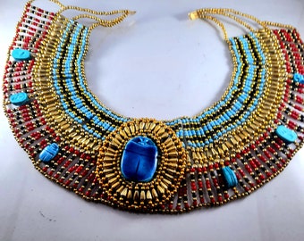 Amazing Ancient Egyptian Beaded Red & Green Cleopatra Necklace. egyptian made.