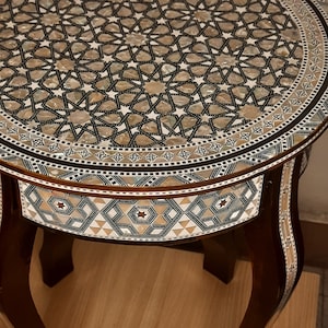 coffee side table with exquisite mother of pearl inlay / wooden round table / mosaic table / Entryway Side Table, Moroccan Furniture.