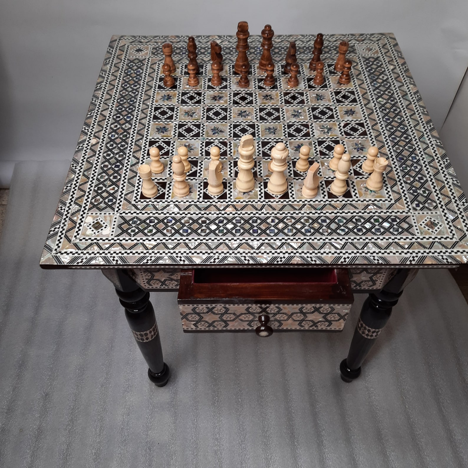 Chess Table With 1 Drawer Inlaid Mother of Pearl 20