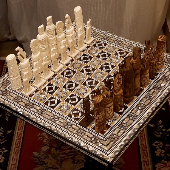 Egyptian Handmade  Antique Chess Table Inlaid Mother of Pearl 18" 